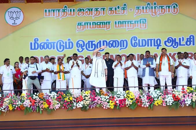 மனதை அரித்த கவலை திமுக அரசு மீது மோடி குற்றச்சாட்டு !. வளர்ந்த இந்தியாவுடன், வளர்ந்த  தமிழ்நாடு வேண்டும் தாமரை மாநாட்டில் மோடி உத்தரவாதம்!